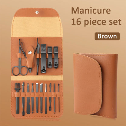 16PCS Brown Nail Cutter Set Stainless Steel Nail Clippers With Folding Bag Manicure Cutter Kits Scissors Makeup Beauty Tool