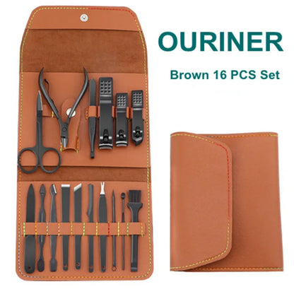 16PCS Brown Nail Cutter Set Stainless Steel Nail Clippers With Folding Bag Manicure Cutter Kits Scissors Makeup Beauty Tool