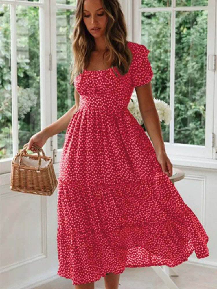 Vestidos Vintage Vintage Print Puff Sleeve summer Beach sweet dresses Casual Square collar floral maxi long dress festa