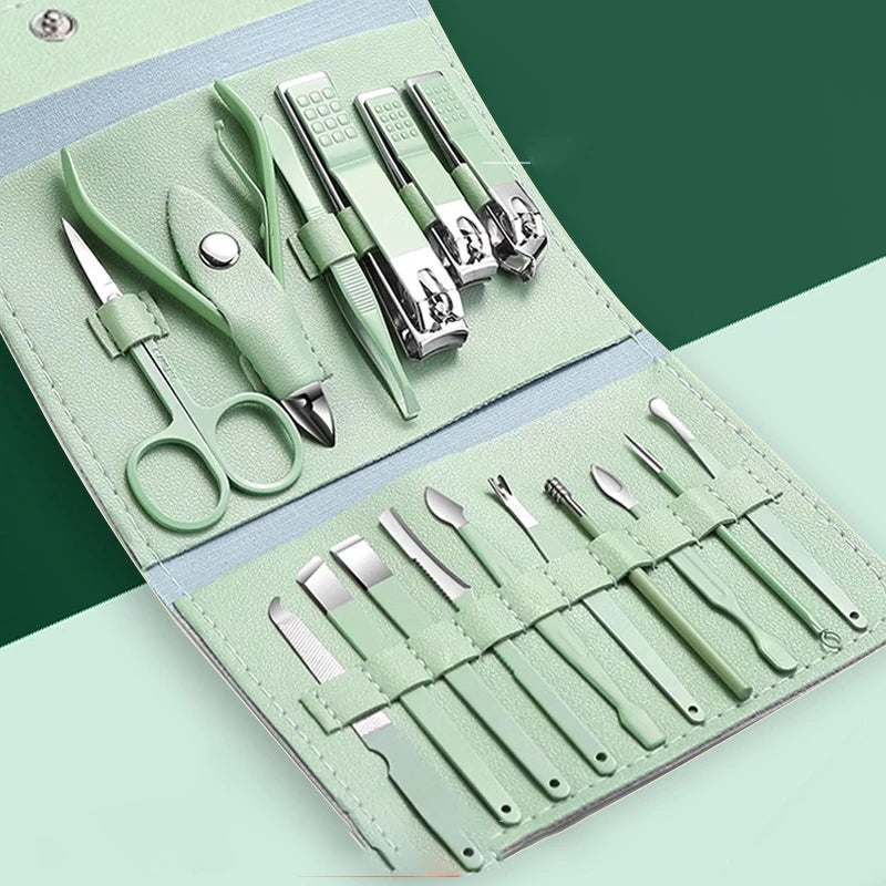 16PCS Brown Nail Cutter Set Stainless Steel Nail Clippers With Folding Bag Manicure Cutter Kits Scissors Makeup Beauty Tool