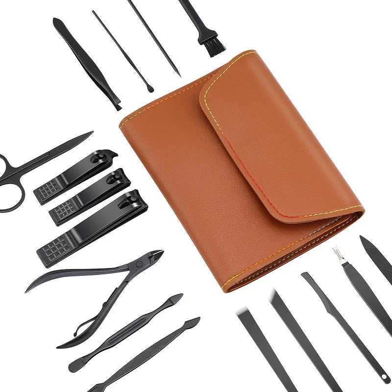 16PCS Brown Nail Cutter Set Stainless Steel Nail Clippers With Folding Bag Manicure Cutter Kits Scissors Makeup Beauty Tool