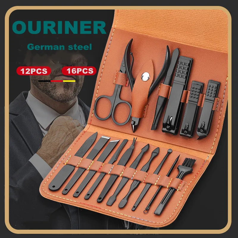 16PCS Brown Nail Cutter Set Stainless Steel Nail Clippers With Folding Bag Manicure Cutter Kits Scissors Makeup Beauty Tool
